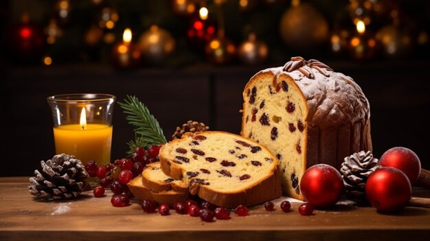 Foto panettone en un tablero con luces de árbol de navidad y una vela ai generativa