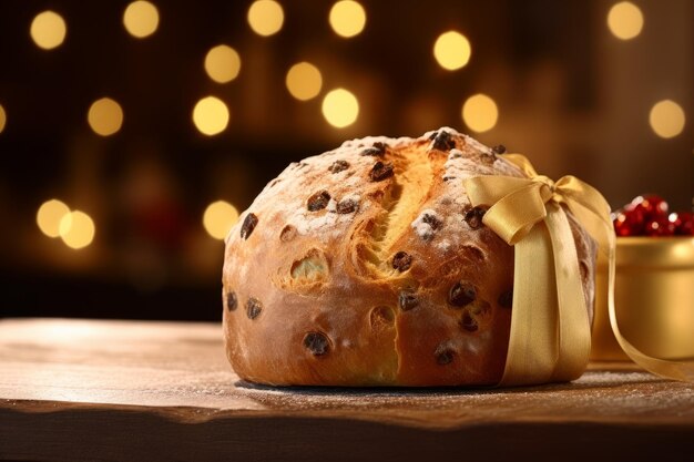 Panettone wird stolz in einer charmanten italienischen Bäckerei ausgestellt. Erstellt mit generativer KI-Technologie