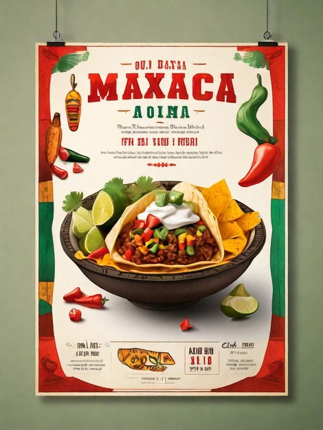 Foto panfleto publicitário de comida mexicana panfleto promocional cartaz de cozinha nacional com cores de bandeira e taco nachos e outros estilo plano de desenho animado