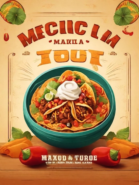 Panfleto publicitário de comida mexicana panfleto promocional cartaz de cozinha nacional com cores de bandeira e taco nachos e outros estilo plano de desenho animado