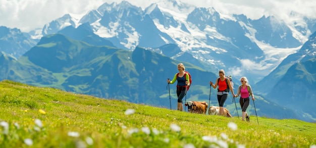 Foto panfletos publicitarios de vacaciones activas y estilo de vida de turistas femeninas de mediana edad que hacen caminata nórdica