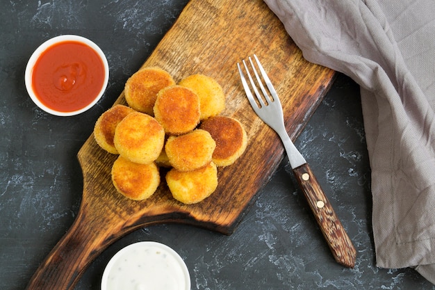 Panierte gebratene Kartoffelbälle mit Tomatensauce