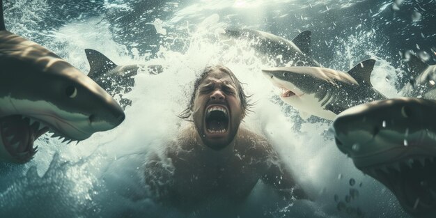 Foto panikerter mann bittet um hilfe inmitten eines kreises von haien im wasser