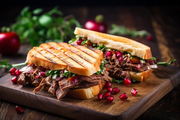 Foto un panini con un enfoque en ingredientes de temporada como un relleno de calabaza y salvia