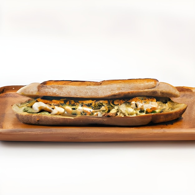 Foto el panini de pollo tiene pesto de pollo mozzarella cohetes panini de aceituna en plato de madera marrón