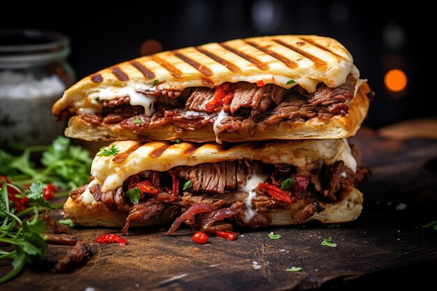 Un panini servido en una tabla de madera con una variedad de salsas de inmersión