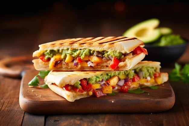 Foto un panini servido en una tabla de madera con una variedad de salsas de inmersión