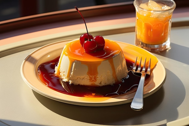 Panna cotta com cereja e suco de laranja em uma mesa de restaurante