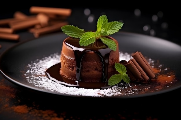 Panna cotta com esmalte de chocolate e canela em fundo preto
