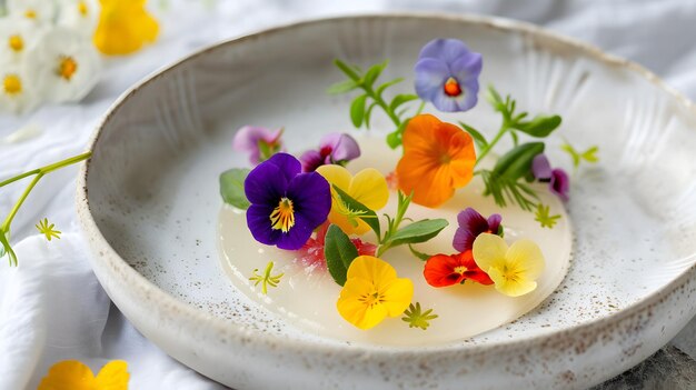 Panna Cotta com flores comestíveis vista de cima