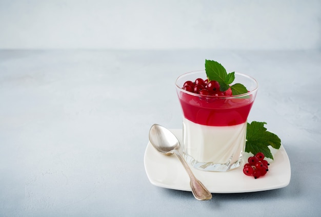 Panna cotta con gelatina de grosella roja en vidrio vintage con hojas de menta y bayas en piedra gris u hormigón