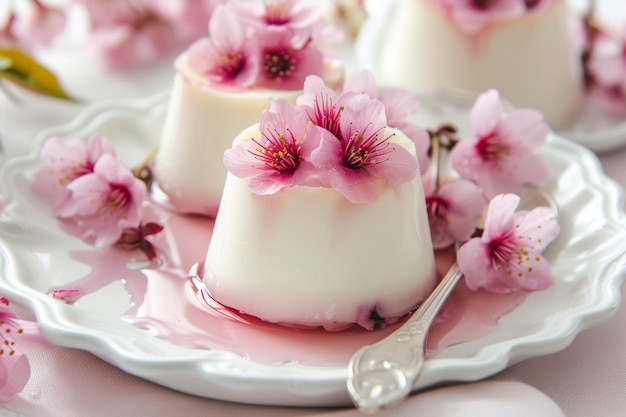 Panna cotta mit einer zarten Kirschblüte in Sirup Generative AI