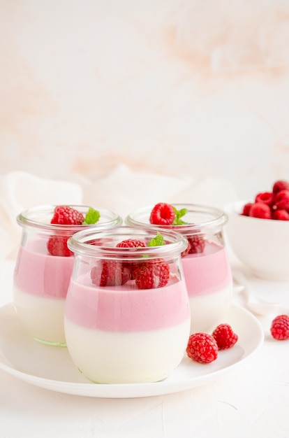 Panna cotta de yogur de frambuesa o mousse con frambuesas frescas