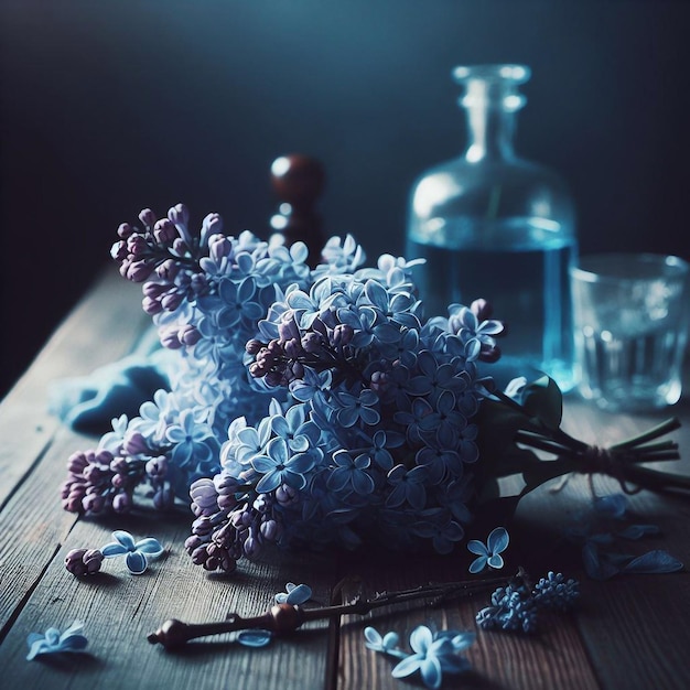 un paño azul con un ramo de flores púrpuras en él