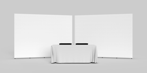 Pano de banner de parede de exposição duas paredes lado a lado com uma toalha de mesa e duas cadeiras de diretor