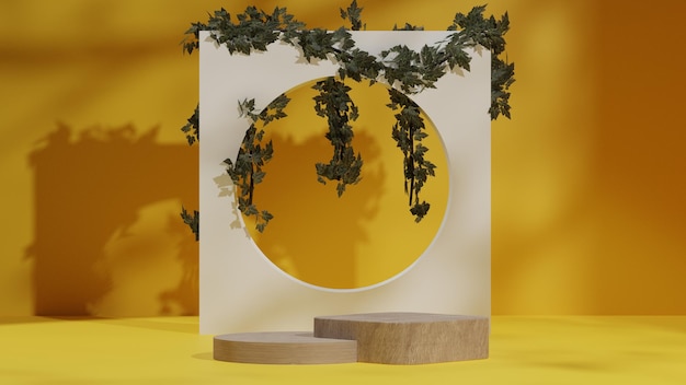 pano de fundo amarelo natural, maquete de pódio de pedestal de madeira com folha tropical, plataforma vazia para vitrine