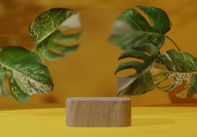 pano de fundo amarelo natural, maquete de pódio de pedestal de madeira com folha tropical, plataforma vazia para vitrine