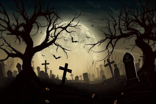 Pano de fundo assustador de Halloween com abóboras em um cemitério em uma noite fria