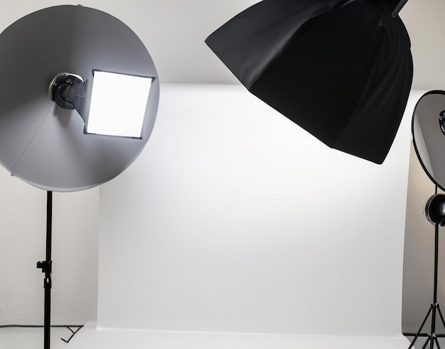 Foto pano de fundo branco de estúdio iluminado com softboxes lateral e principal configuração de estúdio de foto