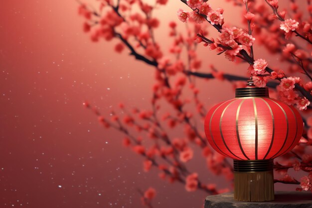 Foto pano de fundo do ano novo chinês com lanternas tradicionais flores de sakura e cópia de espaço ano novo lunar