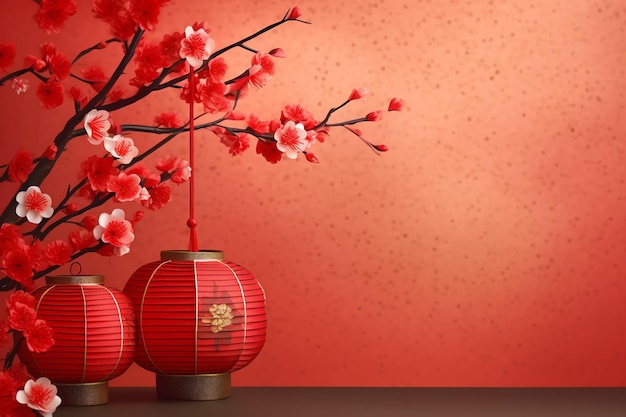 pano de fundo do ano novo chinês com lanternas tradicionais flores de sakura e cópia de espaço Ano novo lunar