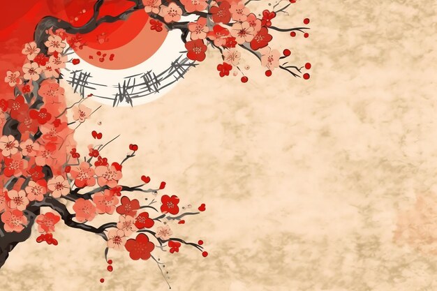 Pano de fundo do ano novo chinês com lanternas tradicionais flores de sakura e cópia de espaço ano novo lunar