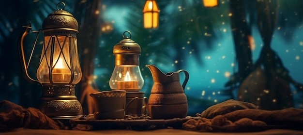 pano de fundo do Ramadan para lanterna do Ramadan pote de café árabe e copos com folhas de palmeira