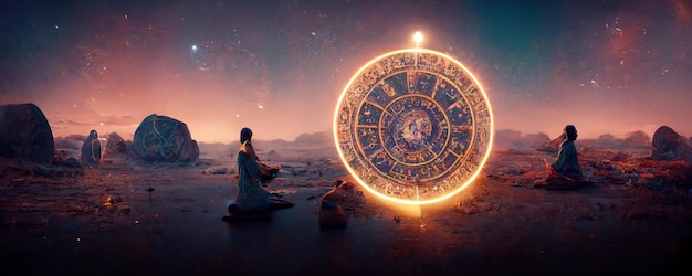 Pano de fundo dos símbolos sagrados do zodíaco astrologia alquimia magia feitiçaria e adivinhação pintura digital gerada por IA