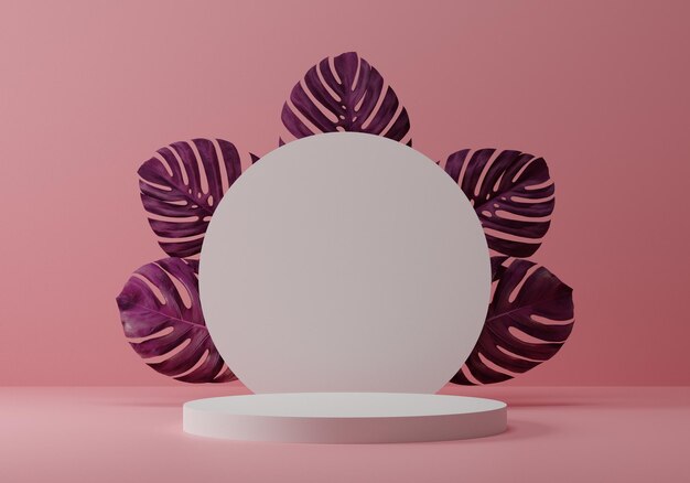 Pano de fundo rosa mínimo e folha de monstera com maquete de pódio de pedestal branco, plataforma de produtos de beleza