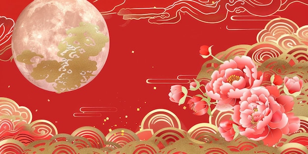 pano de fundo vermelho com flores de peônia rosa nas luas do lado direito e um padrão de nuvem dourada