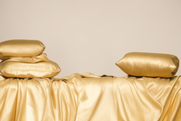 Pano de ouro na mesa travesseiro dourado na maquete do produto de tecido