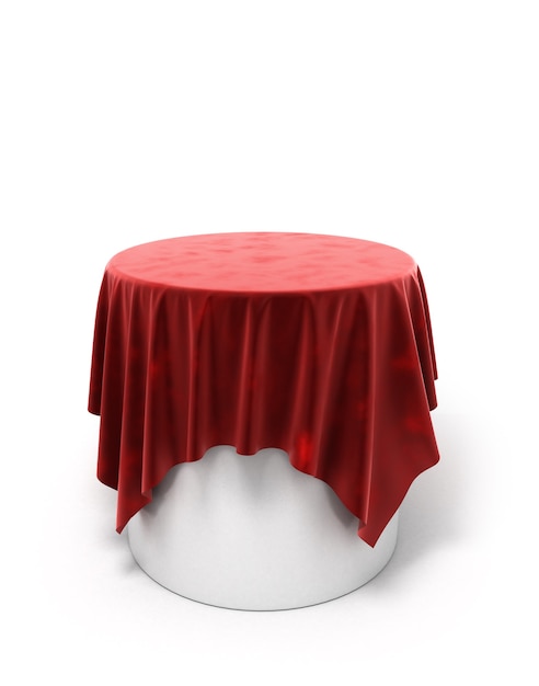 Pano de veludo vermelho em um pedestal redondo isolado no branco