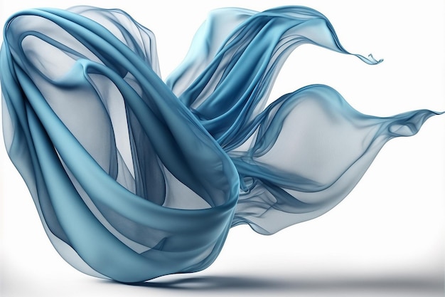 Paño de tela de seda transparente azul elegante vuelo suave sobre fondo blanco
