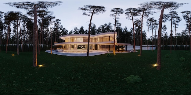 Panorama 360 de uma casa moderna com piscina. arquitetura de luxo