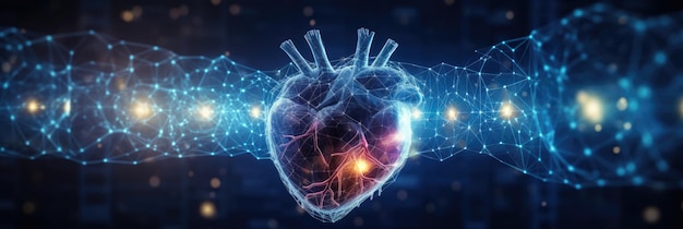 panorama abstracto de un corazón humano brillante interconectado con nodos digitales