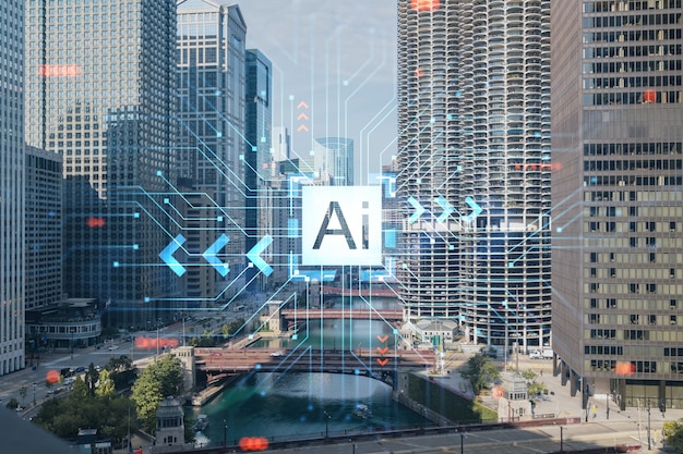 Panorama aéreo de la ciudad del área del centro de Chicago Riverwalk Paseo marítimo con puentes durante el día Illinois EE. UU. Concepto de inteligencia artificial AI y robótica de redes neuronales de aprendizaje automático de negocios
