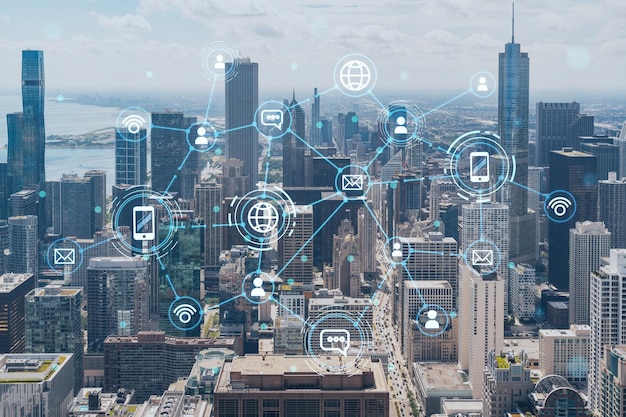 Panorama aéreo de la ciudad del centro de Chicago y el lago durante el día Illinois EE.UU. Rascacielos con vista de pájaro Holograma de redes sociales Concepto de redes y establecimiento de nuevas conexiones de personas