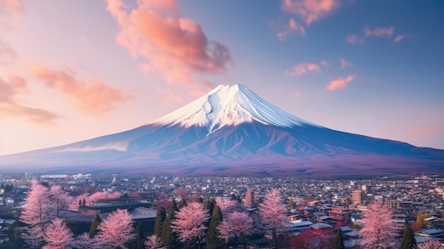 Panorama aéreo Paisaje de la montaña Fuji Montaña icónica y simbólica de Japón Paisaje escénico al atardecer de Fujisan al atardecer Kawaguchiko Yamanashi Japón