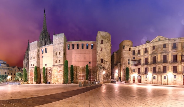 Panorama de la antigua puerta romana y la Plaça Nova por la noche Barrio Gótico de Barcelona Cataluña España