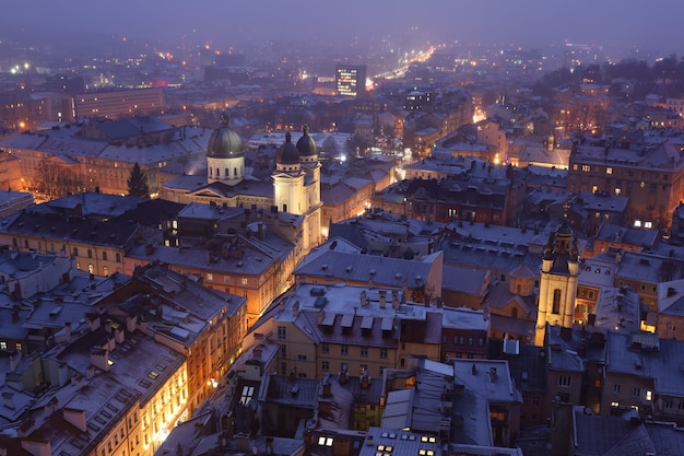 Panorama y arquitectura de la ciudad europea de invierno Lviv