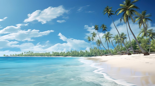 Panorama-Aufnahme des Meeres und des mit Palmen bedeckten Uferes an einem sonnigen Tag