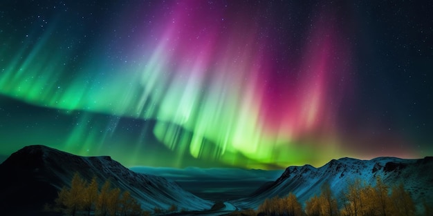 Panorama de la aurora boreal sobre montañas cubiertas de nieve increíble paisaje cuento de hadas