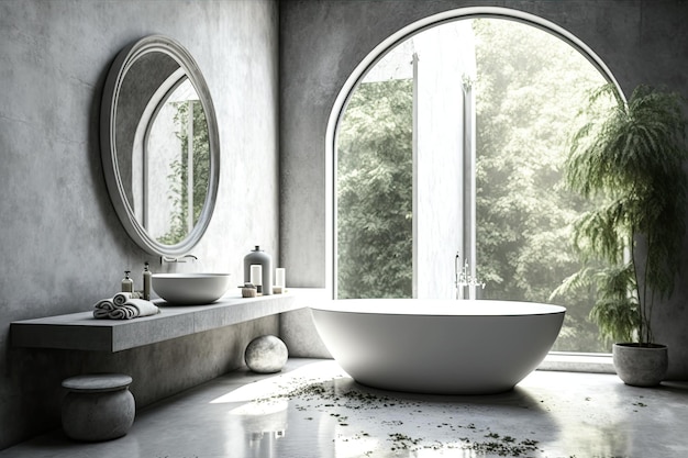 Panorama-Badezimmer aus Beton mit Betonboden in Weiß und Beton