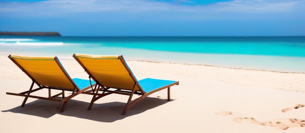 Panorama-Banner-Foto von Sonnenliegen am Strand Generative KI