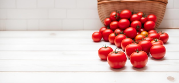 Panorama-Banner-Foto von Tomaten in einem Gitterkorb auf rustikalen weißen Planken-Hintergrund Generative KI