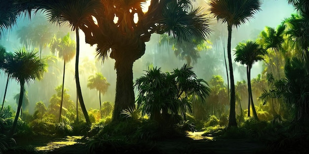 Panorama del bosque de palmeras al atardecer los rayos del sol a través de los árboles fantasía bosque niebla palmera selva ilustración 3D