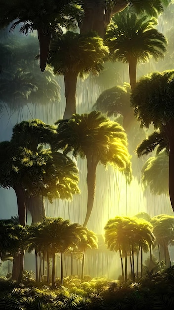 Panorama del bosque de palmeras al atardecer los rayos del sol a través de los árboles fantasía bosque niebla palmera selva ilustración 3D