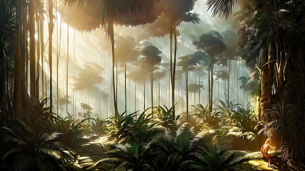 Panorama del bosque de palmeras al atardecer los rayos del sol a través de los árboles fantasía bosque niebla palmera selva ilustración 3D