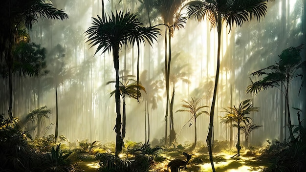 Panorama del bosque de palmeras al atardecer los rayos del sol a través de los árboles fantasía bosque niebla palmera selva ilustración 3D