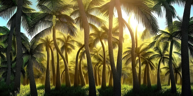 Panorama del bosque de palmeras al atardecer los rayos del sol a través de los árboles fantasía bosque niebla palmera selva ilustración 3D